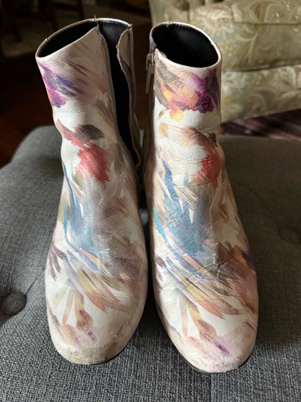 Women's Multicolor Brushstroke Ankle Booties - White Base size 7.5-8, eu